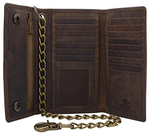 Men's RFID Signal Blocking Biker's Vintage Brown Leather Long Tri-fold Chain Checkbook Card ID Wallet (Brown)2