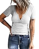 KINLONSAIR Women Casual Short Sleeve Tunic V-Neck Slim Fit T Shirts Basic Tee Tops Solid Ribbed Knit Shirt White