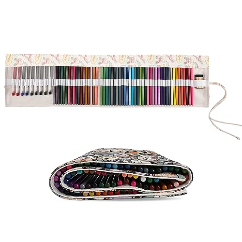 Image of Surblue Canvas Pencil Case Pencil Roll Wrap with 72 Slots Coloring Pencil Holder Organizer Paint Brush Storage Pouch Portable for Artist, Writer (Beige Rose