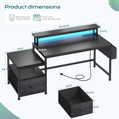 Image of EnHomee 56.5 inch Office Desk with Drawers & Printer Space for Home Work,Black | Computer Desk with 3 AC Outlets& 2 USB Ports,Waterproof LED Strip Lights,Monitor Stand & Side Pockets,Home Office,Bedroom