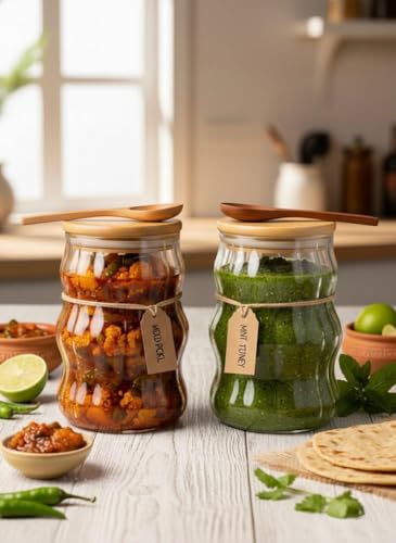 Image of SUANI Air Tight Wave Glass Jar Container with Wooden Lid and Spoon for Home and Kitchen | Odor Free Storage Jar | Jars For Spices, Dry Fruits, Grains and Kitchen Storage, (500Ml) (Pack Of 2)
