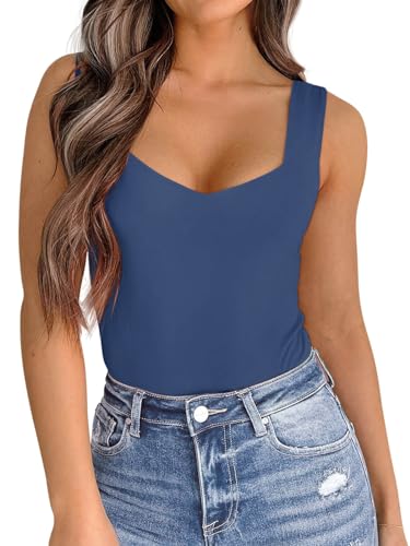 PINKMSTYLE Slimming Tank Tops for Women Deep V Neck Top Sleeveless Tank Top Casual Basic Top Indigo Blue Medium — view 3