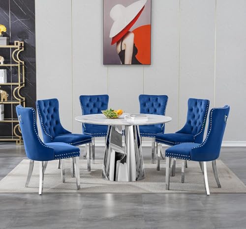 Image of 7-Piece Round Dining Table Set for 6, Modern Faux Marble Kitchen Table and Blue Velvet Chairs Set of 6, Luxury 45 inch Circle White Silver Dining Room Tables with Stainless Steel Base