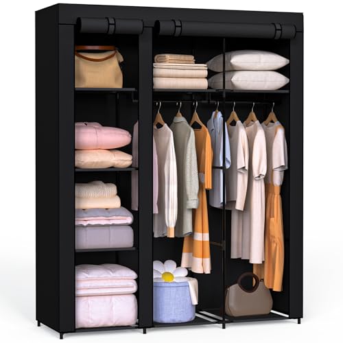 Newthinking - Newthinking Fabric Canvas Wardrobe, Portable Temporary Wardrobe with Hanging Rail and Zipper for Bedroom Clothes Storage Organiser, Black