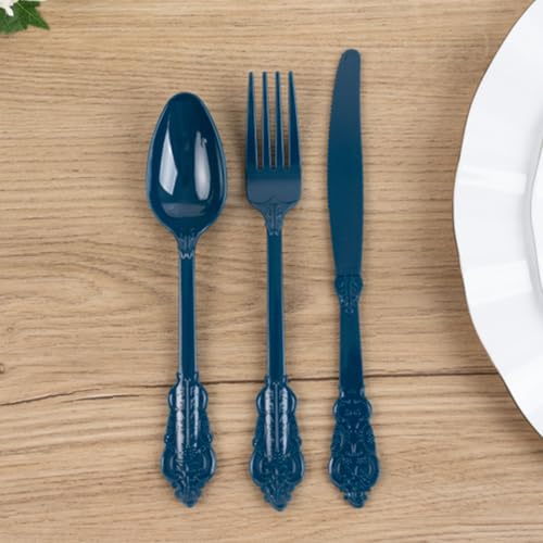Efavormart 72 Pcs Navy Blue Heavy Duty Plastic Silverware Set in Baroque Style, Disposable Utensils - Knife, Fork and Spoon Set