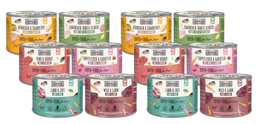 MAC’s Dog 12 x 200g Mix | Garantierte 6 Sorten | Hoher Fleischanteil 90% | Getreidefreies Nassfutter für Hunde | Ohne Zucker & Soja | In der Eifel hergestellt | Praktische 200g Dose