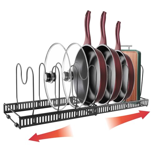 Mezzar Organizador de Sartenes y Ollas, Soporte para Ollas con 7 Compartimentos Ajustables, Organizador de Cocina para Guardar y Organizar Tapas Ollas y Tabla de Cortar- Negro