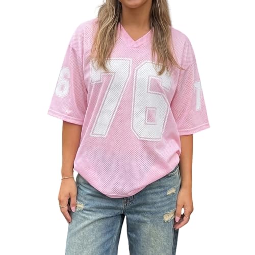 Image of Women Number Print Jersey Tops Y2K Short Sleeve V Neck Oversized Tee Shirt Teen Girls Baggy Baseball T-Shirt (Pink, S)