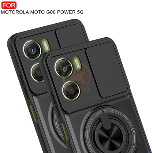 Image of Moto G06 Power 5G Back Cover | Armor Camera Slider 360 Degree Rotating Finger Ring Holder Case with Bracket Stand Back Case Cover (Compatible with MagSafe Accessories) (Black)