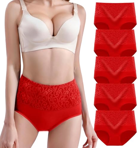 YOULEHE Bragas de cintura alta para mujer, de algodón, cobertura completa, suaves, transpirables, paquete múltiple, H01 5 Pack Rojo, XXL