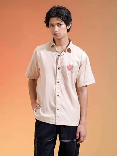 Image of Veirdo Mens Graphic Print Shirt | Comfortable Cotton Fabric | Oversized, Half Sleeve | Casual Wear