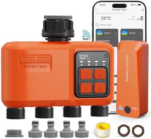 Programador Riego WiFi 4 Zonas, Control Remoto por App 300m, Compatible Alexa Google, Temporizador Agua Inteligente para Jardín con Retardo Lluvia y M...