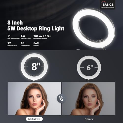 Image of NEEWER Entry Level Version N41 8 inch LED Ring Light with Desk Clamp Stand /Remote, Overhead Phone Mount Holder Compatible with iPhone, Streaming Video Recording Selfie Nail Tech Food Photography Lighting