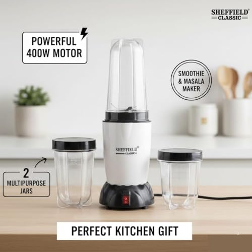 Image of SHEFFIELD CLASSIC 400W Nutri Blender & Mixer Grinder | High-Speed Smoothie Maker & Juicer with 2 Multipurpose Jars for Grinding & Masala | Compact Electric Food Processor (Elegant White)