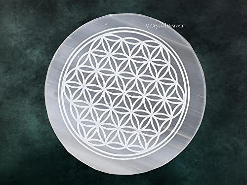 Image of Certified Selenite Crystal Charging Plate, 4 Inch Engraved Flower of Life Selenite Plate for Crystal Cleansing Re-Energy Work, Meditation and Pooja - Flower of Life