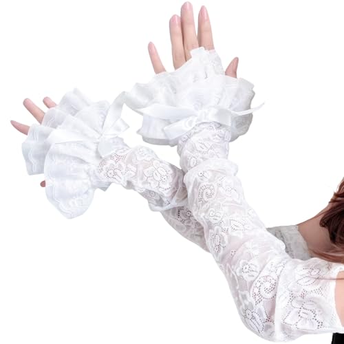 Mawaki アームカバー レディース つけ袖 レースフリル アームスリーブ 薄手 花柄 袖口積み重ね ちょう結び 日焼け止め y2k おしゃれ お姫様 地雷系