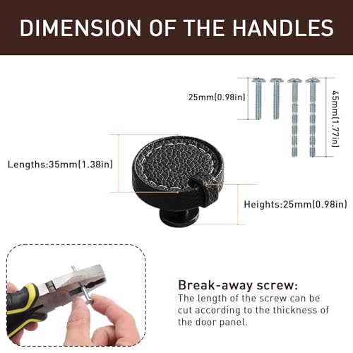 Image of 6 Pack Hand-Stitch Black Round Leather Cabinet Knobs and Drawer Pulls for Dressers, Cupboards, Bedrooms - Brown