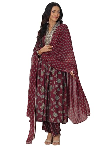 Image of Libas Womens Printed Silk Blend Straight Kurta With Trousers and Dupatta | daily wear suit