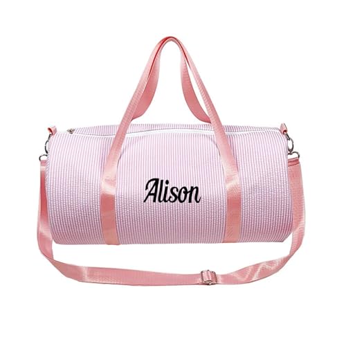 Personalized Kids Travel Duffle Bag with Custom Name‌ - Lightweight Seersucker Weekender for Toddlers Boys & Girls, Monogrammed Gym Ballet Sleepover Bag, Unique Birthday Gifts (Pink)
