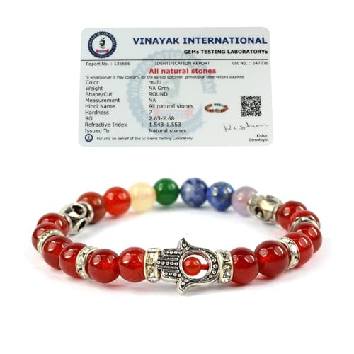 Image of Reiki Crystal Products Certified Natural Crystal Stone 7 Chakra with Hamsa 8 mm Round Beads Bracelet for Men & Women | Reiki Charged Gemstone Bracelet | Multiple Stone Variants Available