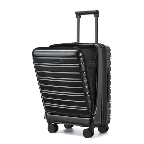 LARVENDER Carry On Luggage 22x14x9 Airline Approved, Black- Front Open, 20 Inch - EXT - Front Open
