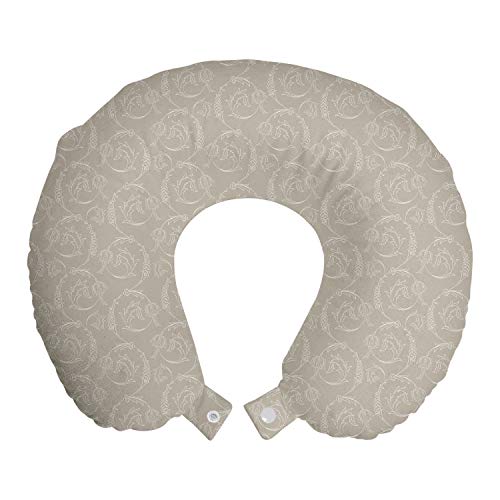 Lunarable Almohada de viaje gris pardo y blanco, reposamuñecas con flores otomanas inspiradas en el folclore oriental, ilustración monocromática de la naturaleza, accesorio de viaje de espuma