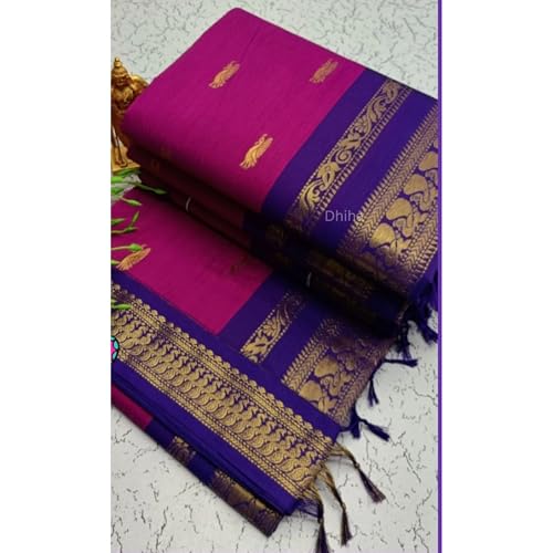 Image of DHIHA Gadwal Cotton Saree for Women | Pure Kalyani Cotton Saree with Zari Border Tassels & Blouse | Kanjivaram Linen Silk | Handloom Weave