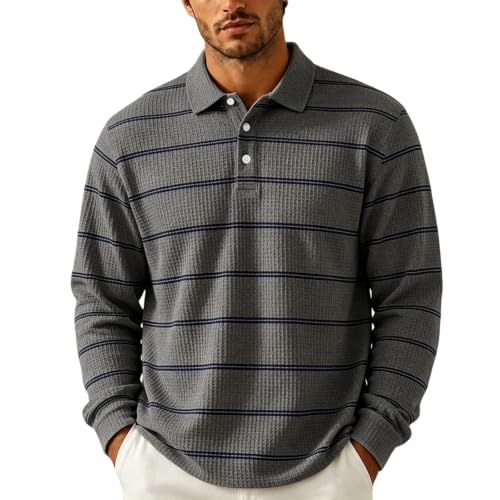 Mens Rugby Polo Collared Button Henley Mens Waffle Long Sleeve Shirt - image 1