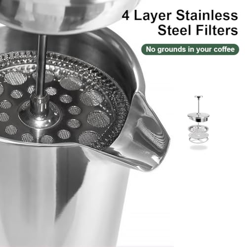 Image of French Press Coffee Maker Double Insulated 304 Stainless Steel Coffee Maker with 4 Level Premium Filtration System Rust-Free Dishwasher Safe (1, 800 ML)
