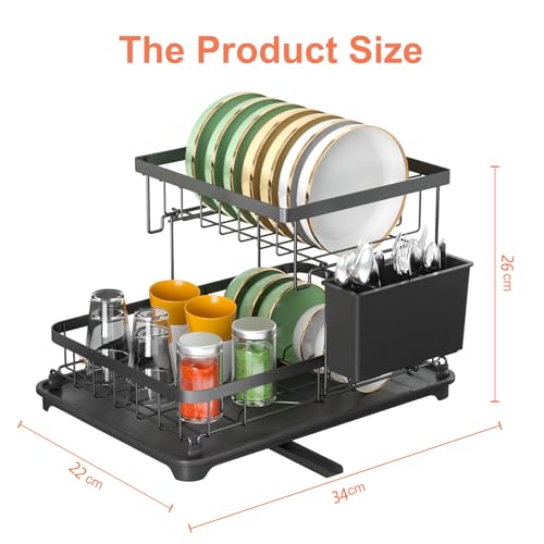 E-MANIS Dish Drying Rack,Dish Rack for Kitchen Counter,2 Tier Dish Rack w/a Cutlery Holder Compact Dish Drainers with 360° Swivel Drain Spout for Dishes,Cup,Knives,Spoons,Forks,Black, rzx-6371 - Image 3
