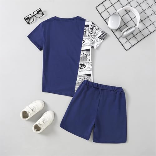 Image of OLMRJKD Boys 2 Piece Outfits Short Sleeve Colorblock T-shirt and Shorts Summer Casual Clothes for 6-12 Years