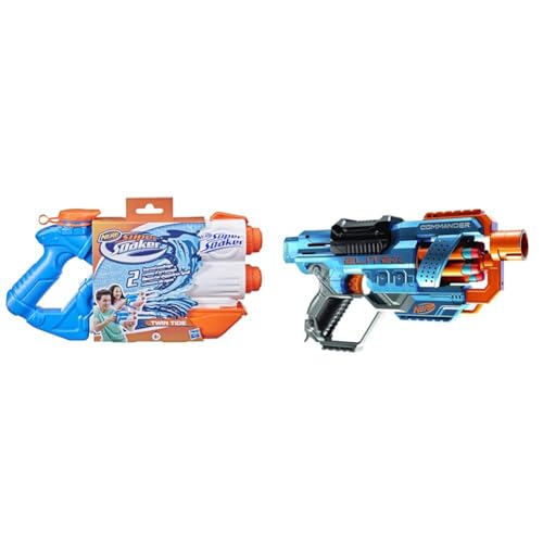 Super Soaker Twin Tide Wasserpistole doppelter Spritzpower Pump-Funktion großer 1,4L Wassertank & Elite 2.0 Commander RD-6 Blaster, 12 Nerf Darts, 6-Dart Rotationstrommel