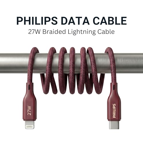 Image of PHILIPS DLC4150LI /94 27W iPhone Original Type-C to Lightning Fast Charging Cable (1.5m, Iron Red) | MFi Certified | 480Mbps Data Sync | Nylon Braided | Compatible with iPhone & Other Lightning Devices
