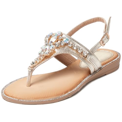 Image of iCKER Womens Rhinestone T‑Strap Flat Sandals Adjustable Ankle Strap Jeweled | for Dress,Vacation,Wedding,Party Evening and Formal Special Occasions