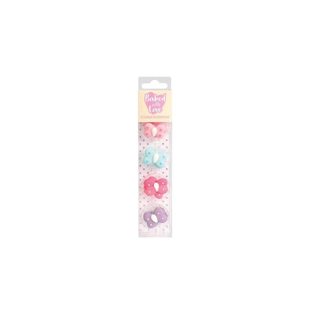 Baked With Love Multicolour - Handmade Edible Sugar Cupcake Decorations, 12 Pieces - Butterfly Sugar Pipings,