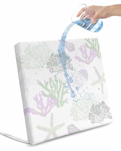 4 Pack Coastal Coral Waterproof Cushion Covers with Ties Outdoor Patio Chair Seat Cushion Slip Covers Replacement(Only Cover) Sage Green Purple Ocean Conch Starfish White 24''x24''x4''