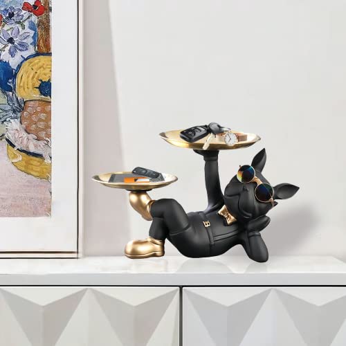 Pzlnd Butler Statue With 2 Metal Trays, Resin French Bulldog Sculpture, Key Bowl For Entryway Table, Desk Candy Bowl, Jewelry Earring Tray, Multipurpose Sculpture Home Decor (Black) #TOP4