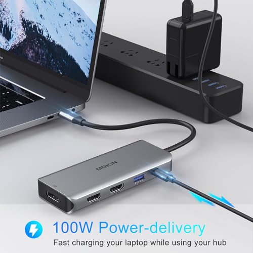 Image of Docking Station, USB C Adapter, 9 in 1 Triple Display Multiport Dongle with 2 HDMI 4K, DisplayPort, 3 USB, 100W PD, SD /Micro SD Card Reader for MacBook Pro Air Type C Laptops