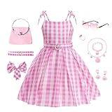 Géneric CHXWTEAM Girls Pink Plaid Costume Strap Dress Girls Pink Party Movie Cosplay Halloween Party Favors Outfit Clothes(5-6Year/120,pink-2)