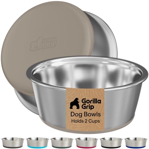 Image of GORILLA GRIP Dog Bowls, Food Grade 304 Stainless Steel, Holds 2 Cups Each (16 fl oz) Food and Water Bowl for Feeding Dogs and Cats, Dishwasher Safe, Rust Resistant, BPA Free Rubber Base Set of 2 Beige