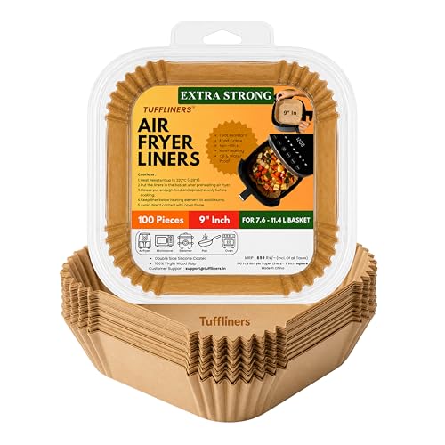 Image of Square Air Fryer Paper Liners 9 Inch, 100 Sheets, Silicone Coated, 100% Virgin Wood Pulp, Oil & Water Proof, Shape Retaining, Non-Stick Disposable Parchment Paper for 7.6-11.4L Air Fryers