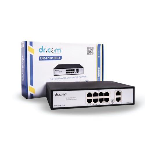 Image of dr.com 10 Port PoE Switch with 8 PoE Ports and 2 Gigabit Uplink Ports 10 /100 /1000 Mbps 120W Power IEEE 802.3af /at for CCTV IP Camera Network Switch Plug and Play Metal Body Black