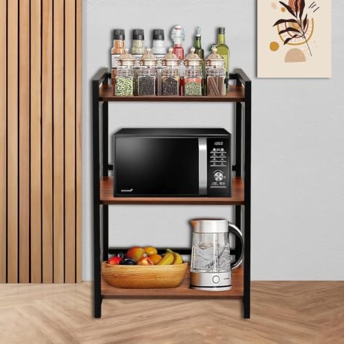 Image of Microwave Oven Stand for Kitchen Counter, 2-Tier Kitchen Storage Rack with Utility Hooks, Heavy Duty Metal Frame & Wooden Shelf, Multipurpose Organizer for Microwave (Black)