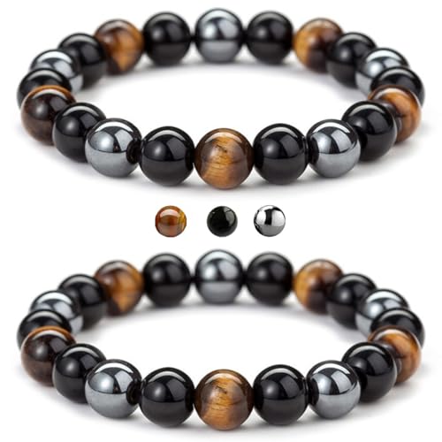 WUMZIRA 2 pcs Tigerauge, schwarzer Obsidian, Hämatit, chakra armband echte steine, obsidian armband, bracelet