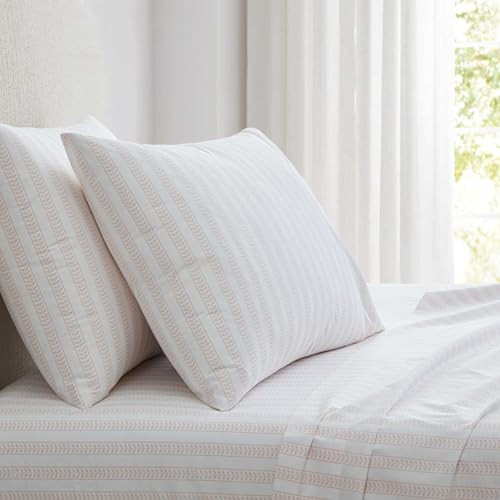 Image of Martha Stewart - Twin Size Sheet Set, Crisp & Tailored Sheets with a Smooth Cotton Percale Feel - Striped Bed Sheets with Matching Pillowcase & Fitted Sheet (Leaf Stripe Pink)