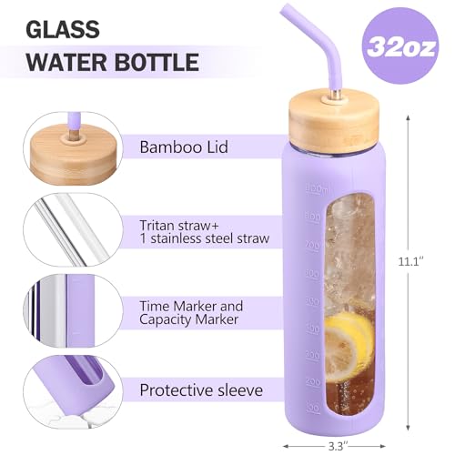 Image of 32oz Glass Water Bottle with Straw and 2 Lids, Purple