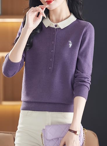 Womens Polo Neck Layered Look Sweater Button up 2 in 1 Knit Pullover Tops2