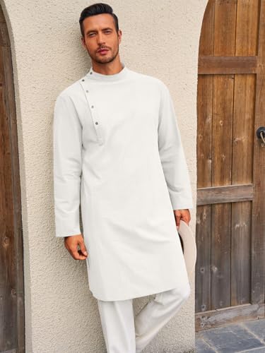 Image of Runcati Mens Kaftan Thobe Robe Long Sleeve Cotton Henley Shirt Casual Muslim Gown Salwar Kurta