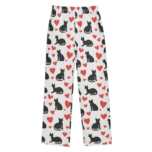 Simple Black Cats Red Hearts Pajama Pants Lounge Sleep Pants Elastic Waist Long Pajama Bottoms with Pockets for 6-14 Years