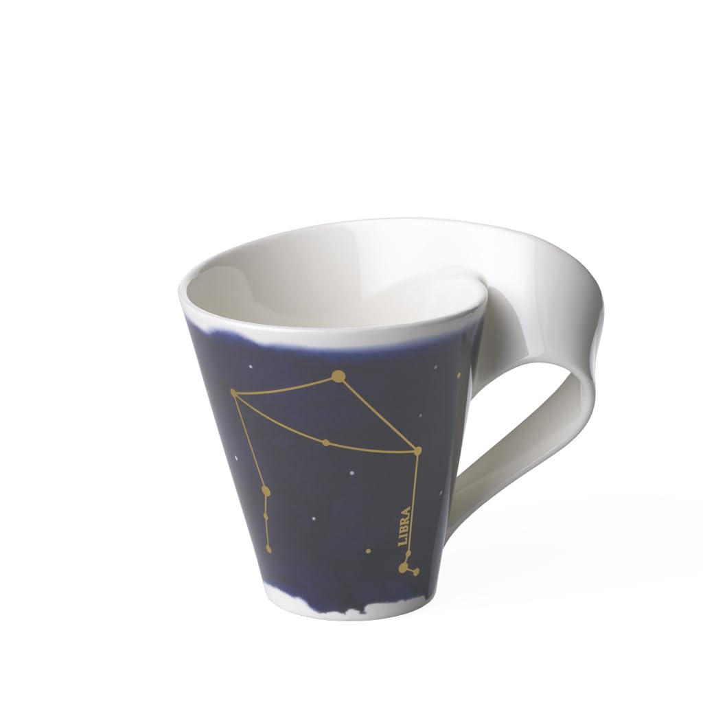 Villeroy & Boch 10-1616-5819 New Wave Stars Mug with Handle, Beautifully Shaped Cup with Libra Design, Premium Porcelain, Dishwasher Safe, White/Blue, 300 ml